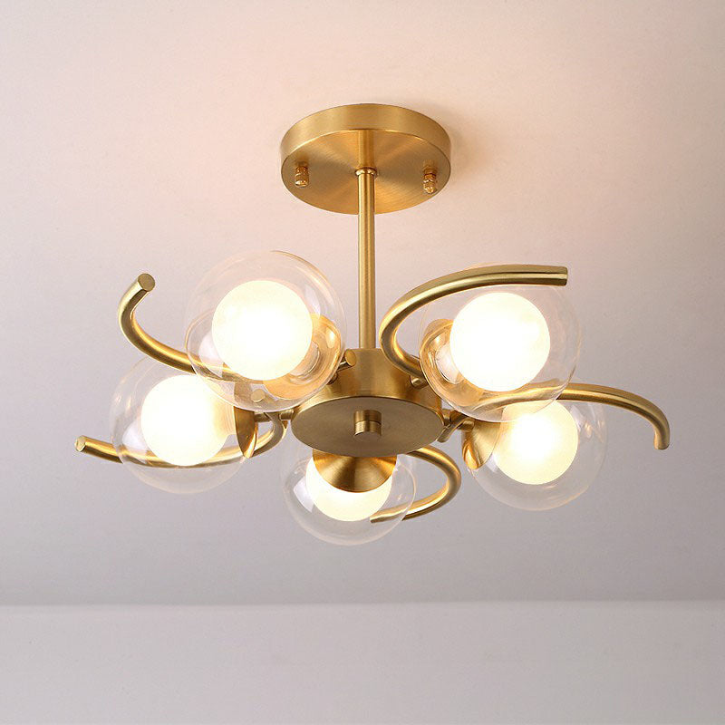 Lámpara de techo metálico posmoderna de luz de oro de oro en oro con bola de vidrio transparente y blanco