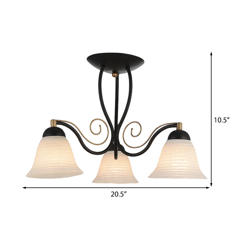 Sala de estar Bell Semi Monte Iluminación Vaso blanco tradicional 3 luces Luz de techo negro