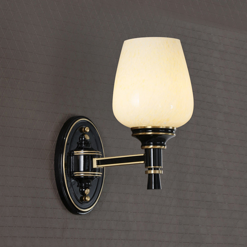 1/2-Bulb Wall Mount Light with Cone White Glass Shade Traditional Living Room Sconce Light in Black