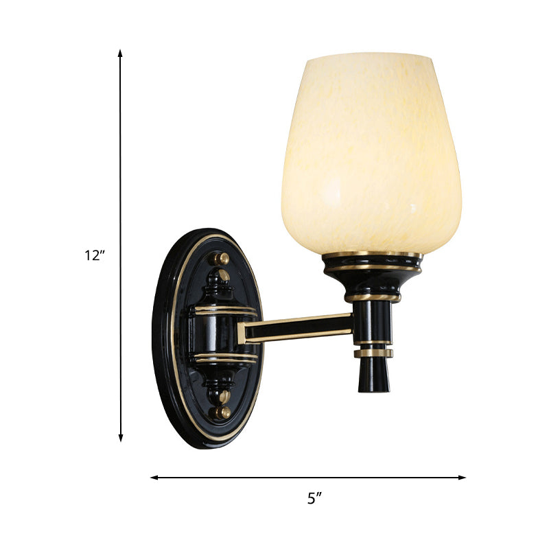 1/2-Bulb Wall Mount Light with Cone White Glass Shade Traditional Living Room Sconce Light in Black