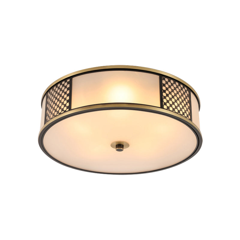 Messing Drum Flush Mount Verlichting Traditioneel Wit Glas 5 Lampen Woonkamer Plafond Lamp, 16 "/19.5" W
