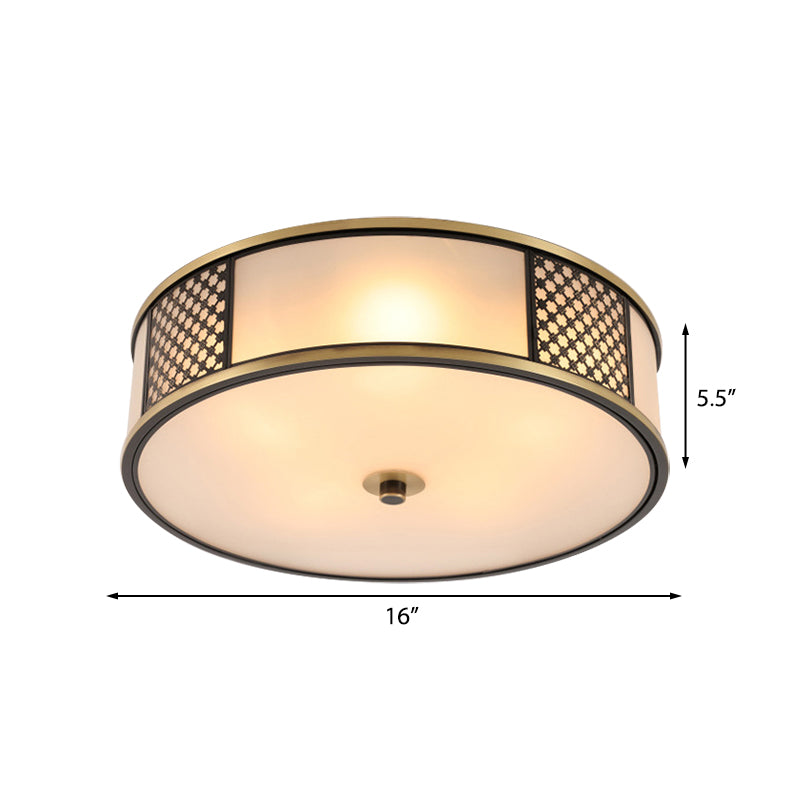 Messing Drum Flush Mount Verlichting Traditioneel Wit Glas 5 Lampen Woonkamer Plafond Lamp, 16 "/19.5" W