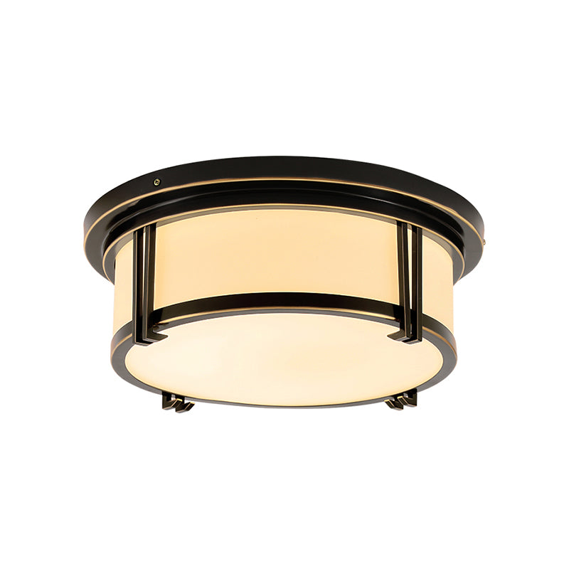 Black/Brass Drum Flush Mount Lamp Classic Frosted Glass LED Living Room Ceiling Light Fixture in Warm/White Light