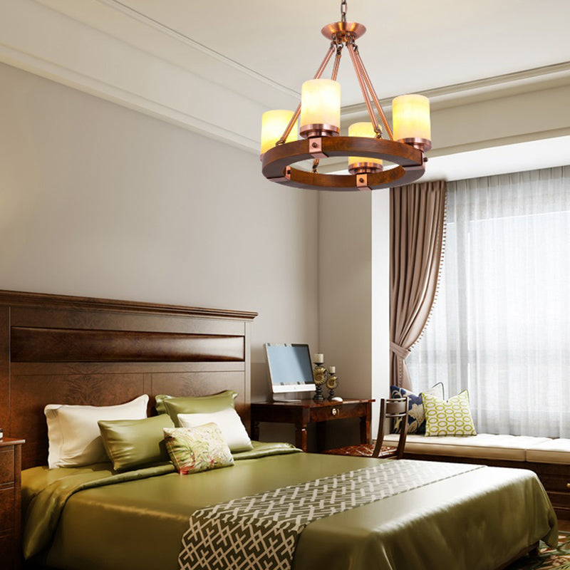 Cylinder Bedroom Chandelier Light Fixture Rustic White Glass 4/6 Lights Copper Ceiling Light