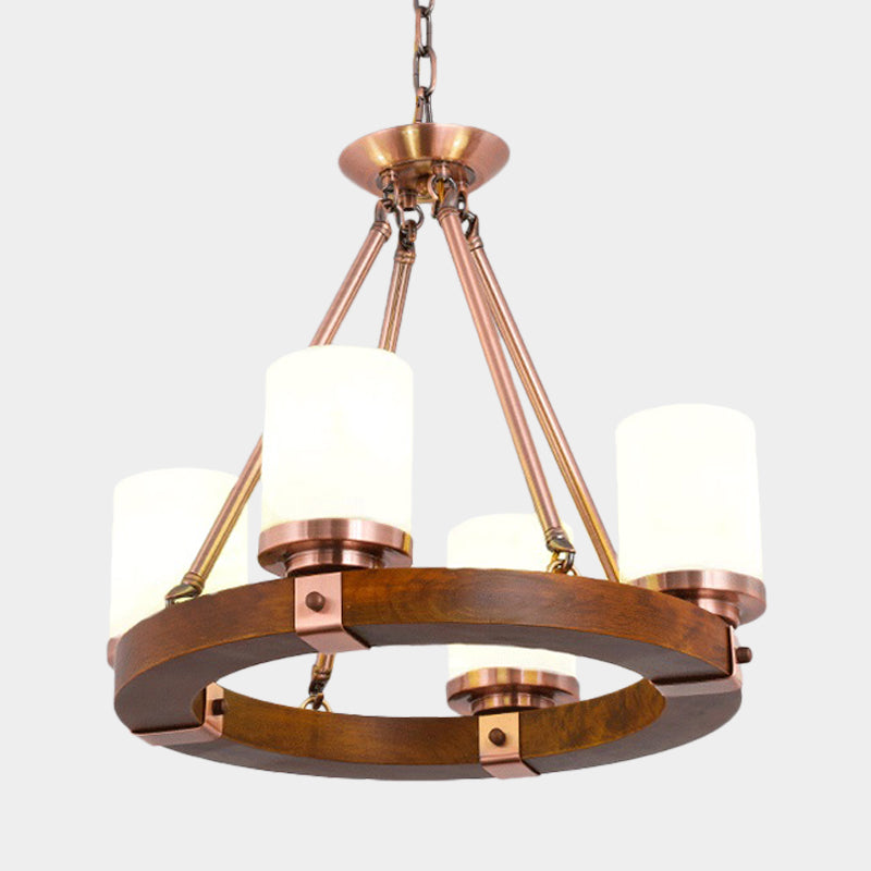 Cylinder Bedroom Chandelier Light Fixture Rustic White Glass 4/6 Lights Copper Ceiling Light