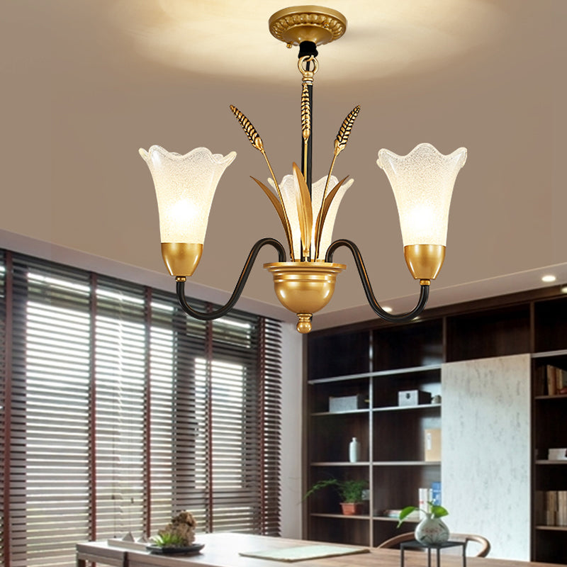 White Glass Floral Shaped Chandelier Traditional 6/8/12 Lights Study Room Hanging Ceiling Light in Brass