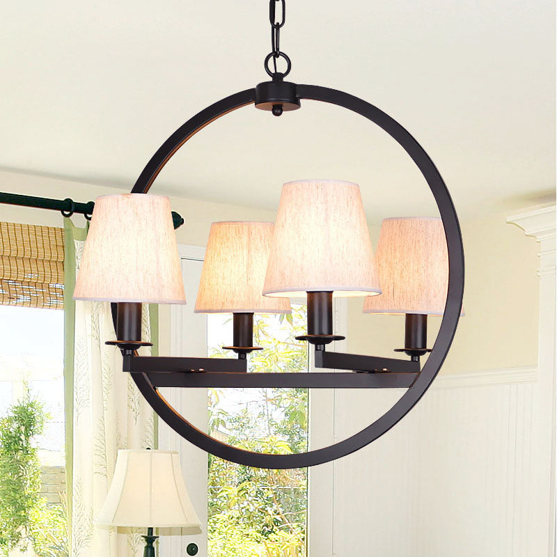 4 Lights Fabric Chandelier Light Traditional White/Flaxen Cone Dining Room Hanging Light with Black Ring Frame