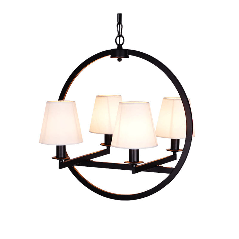4 Lights Fabric Chandelier Light Traditional White/Flaxen Cone Dining Room Hanging Light with Black Ring Frame