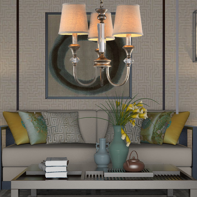Rustic Tapered Ceiling Lamp 3/6 Lights Fabric Chandelier Light Fixture in Aged Silver for Living Room