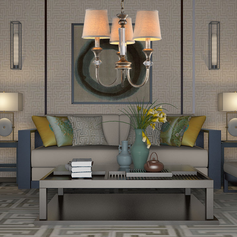Rustic Tapered Ceiling Lamp 3/6 Lights Fabric Chandelier Light Fixture in Aged Silver for Living Room