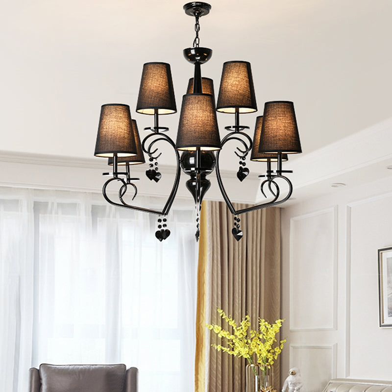 Fabric Tapered Hanging Ceiling Light Rustic 6/9 Lights Living Room Chandelier Light in Black
