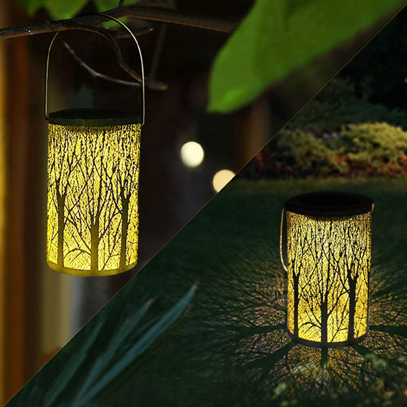 1 Pc Hollow Lantern Plastic LED Hanging Light Modern White Solar Landscape Light with Handle