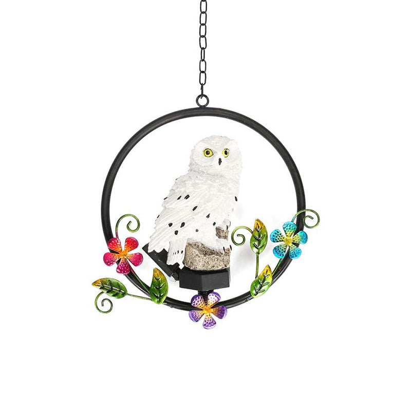 Resin Owl LED Hanging Light Modern White Solar Pendant Light with Metallic Ring, 1 Pc