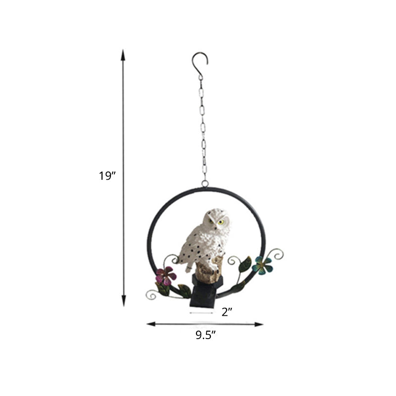 Resin Owl LED Hanging Light Modern White Solar Pendant Light with Metallic Ring, 1 Pc