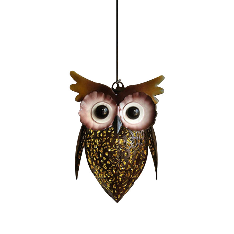 Metal Owl Solar Suspension Lighting Artistic Brown LED Pendant Light for Garden, 1 Pc