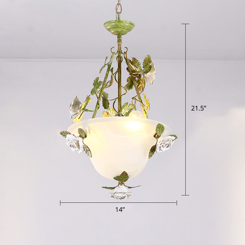 White Glass Bell Shape Pendant Chandelier American Flower Dining Room Hanging Light in Green