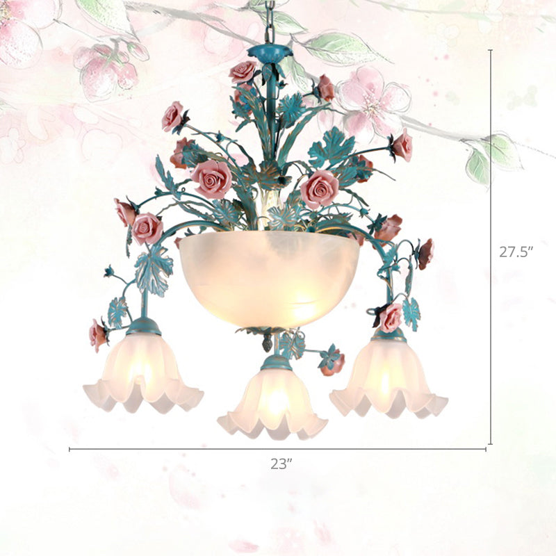 Ceramic Potted Flower Chandelier Pastoral Living Room Suspension Light with Bowl Opal Glass Shade