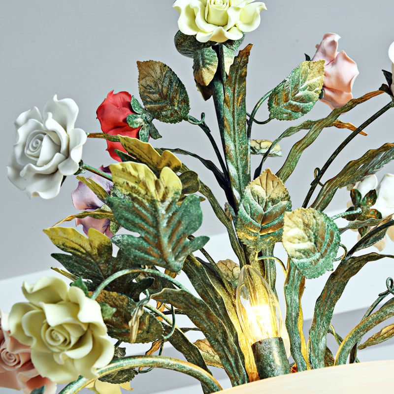 Ceramic Potted Flower Chandelier Pastoral Living Room Suspension Light with Bowl Opal Glass Shade
