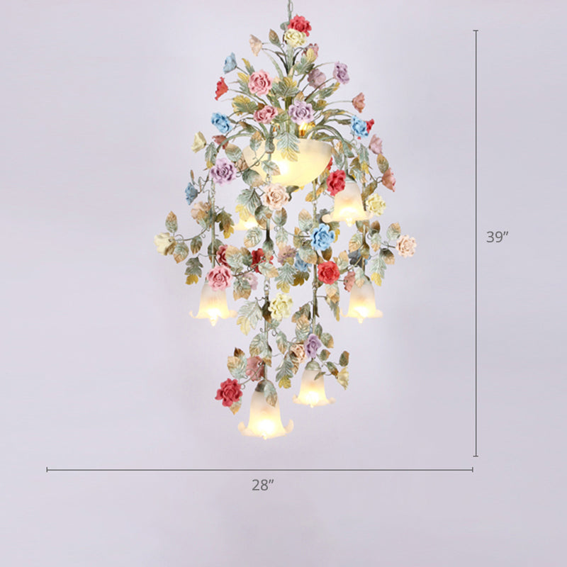 Ceramic Potted Flower Chandelier Pastoral Living Room Suspension Light with Bowl Opal Glass Shade