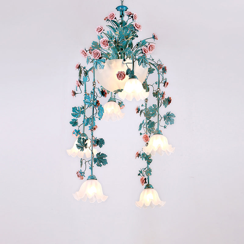 Ceramic Potted Flower Chandelier Pastoral Living Room Suspension Light with Bowl Opal Glass Shade