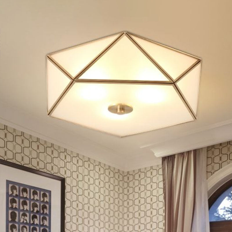 Simplicity Pentagonal Flushmount Ceiling Lamp Satin Opal Glass Flush-Mount Light in Brass