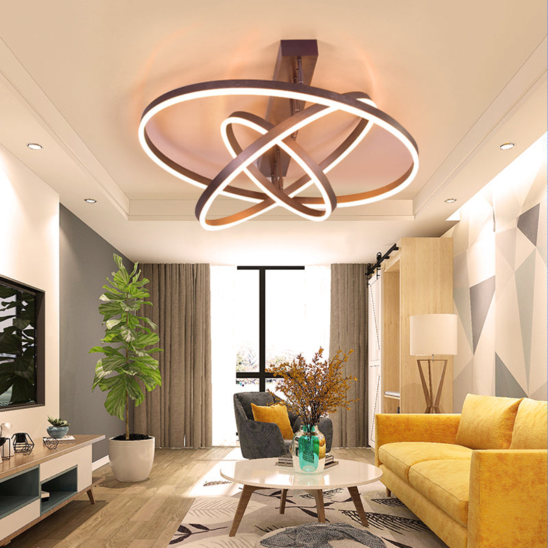 Circular LED Semi Flush Mount Lighting Simplicity Metal Bedroom Ceiling Lamp in Coffee