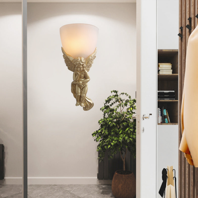 Bol luminaire mural en verre givré vintage 1 salon léger avec ange blanc / or vers la droite / gauche