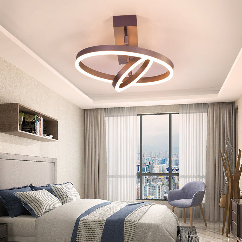 Circular LED Semi Flush Mount Lighting Simplicity Metal Bedroom Ceiling Lamp in Coffee