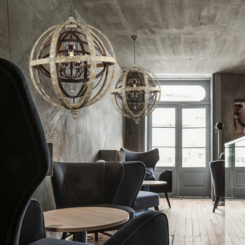 4 Bulbs Chandelier Pendant Light Vintage Sphere Distressed Wood Hanging Light for Dining Room