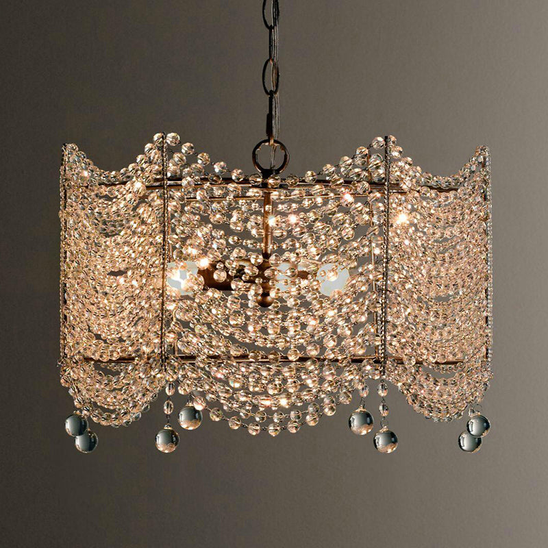 Retro Style Scalloped Suspension Light 3 Bulbs Crystal Bead Chandelier Light in Silver
