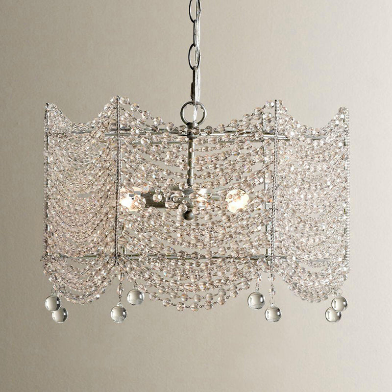Retro Style Scalloped Suspension Light 3 Bulbs Crystal Bead Chandelier Light in Silver