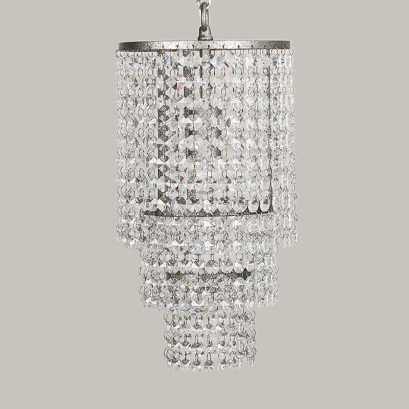 Dangling Crystal Layered Ceiling Lighting Traditional Entryway Chandelier Light Fixture in Chrome