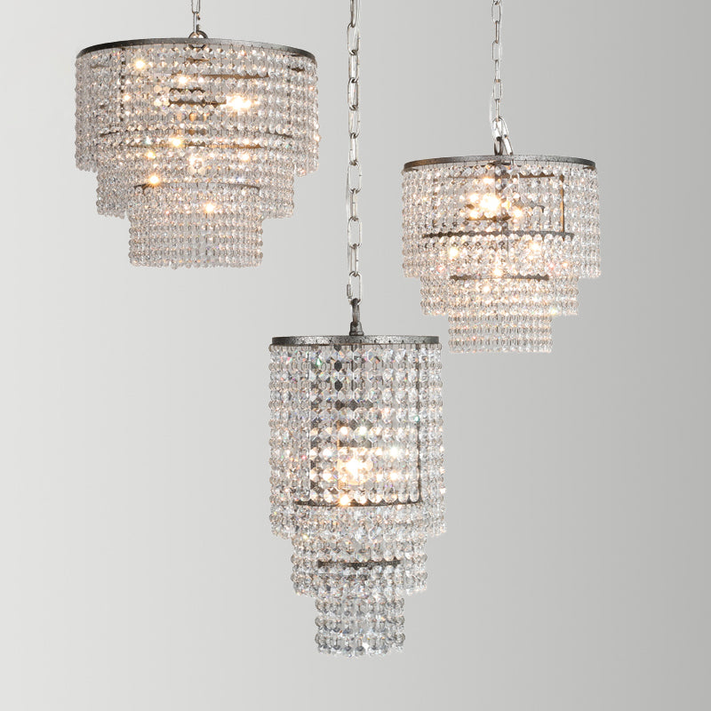 Dangling Crystal Layered Ceiling Lighting Traditional Entryway Chandelier Light Fixture in Chrome
