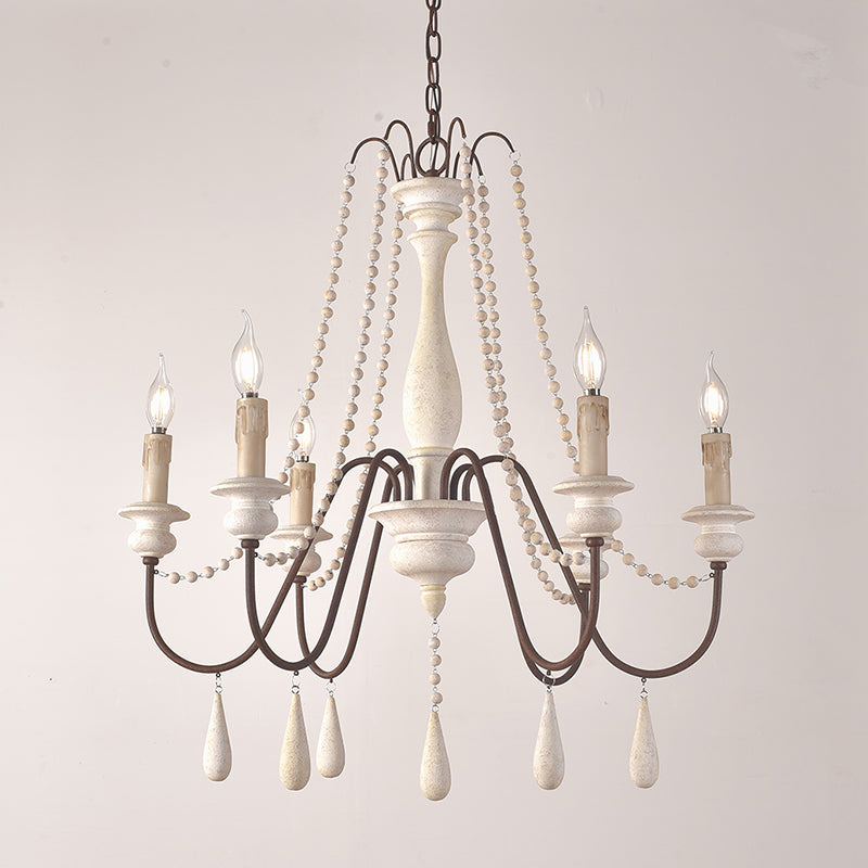 Retro Style Draping Bead Suspension Light 8 Heads Wood Chandelier Light with Candlestick