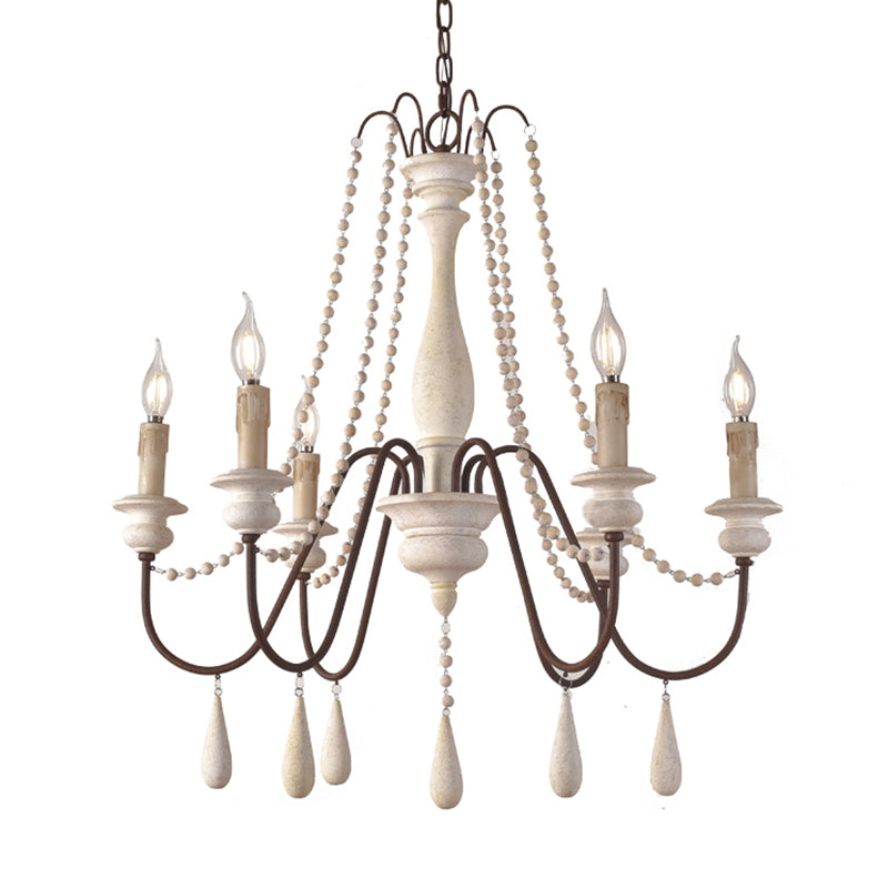 Retro Style Draping Bead Suspension Light 8 Heads Wood Chandelier Light with Candlestick