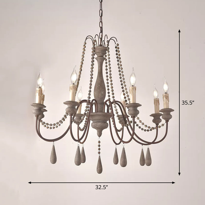 Retro Style Draping Bead Suspension Light 8 Heads Wood Chandelier Light with Candlestick