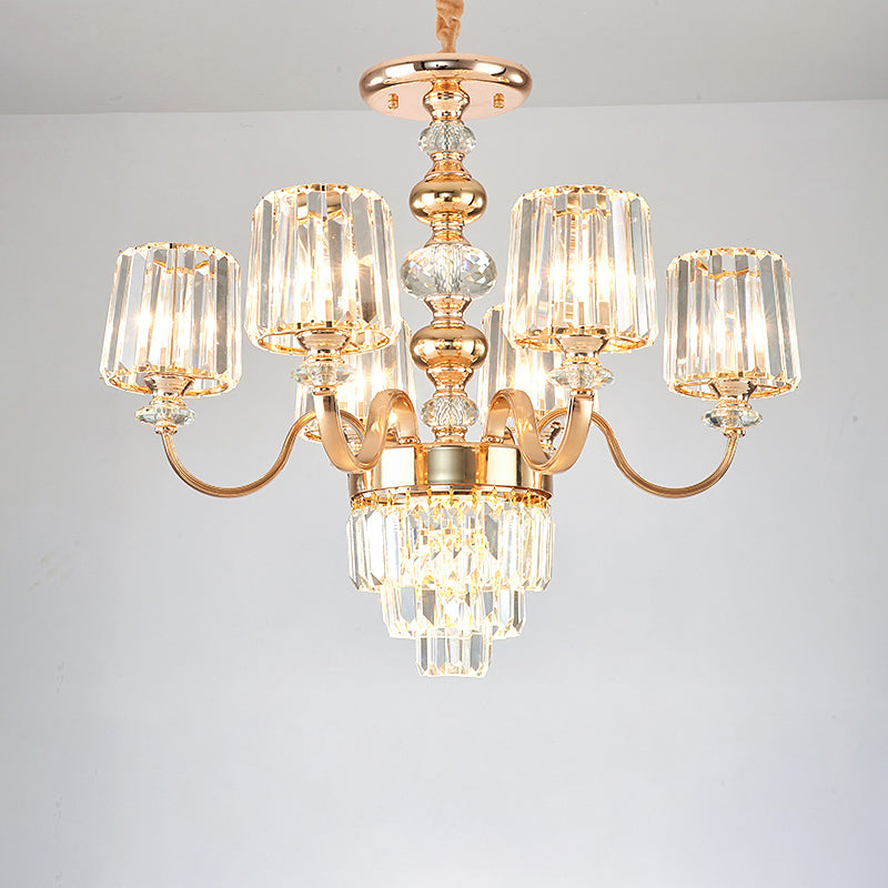 Crystal Block Chandelier Lighting Transitional Rose Gold Cylinder Parlor Pendant Light