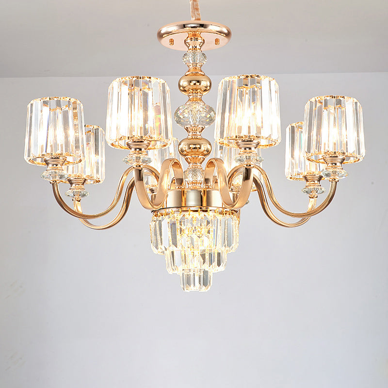 Crystal Block Chandelier Lighting Transitional Rose Gold Cylinder Parlor Pendant Light
