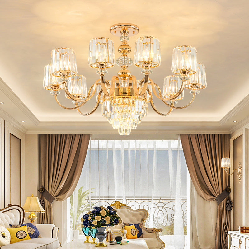 Crystal Block Chandelier Lighting Transitional Rose Gold Cylinder Parlor Pendant Light