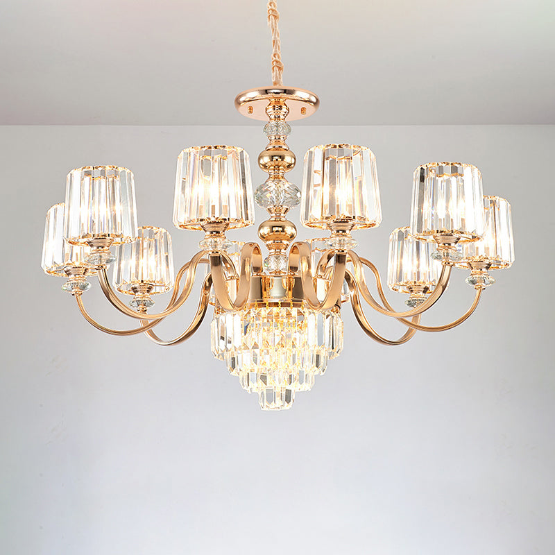 Crystal Block Chandelier Lighting Transitional Rose Gold Cylinder Parlor Pendant Light