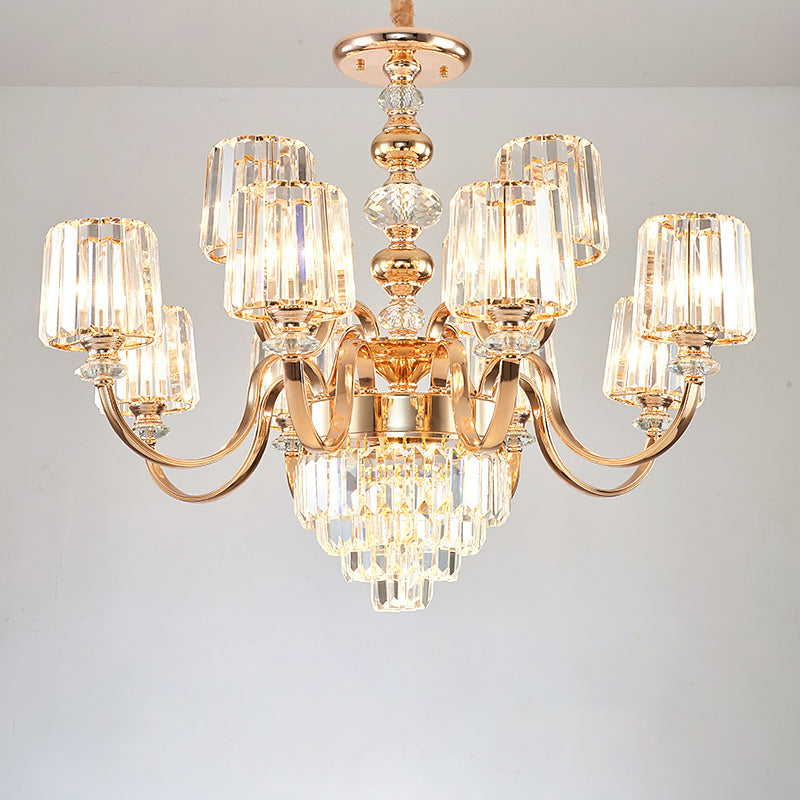 Crystal Block Chandelier Lighting Transitional Rose Gold Cylinder Parlor Pendant Light