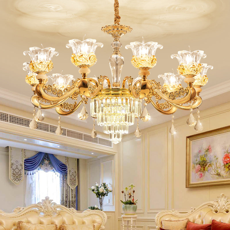 Blossom Crystal Glass Chandelier Antique Style Bedroom Ceiling Hang Light in Gold