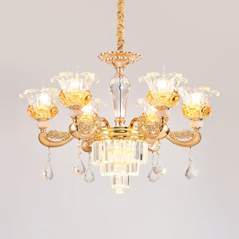 Blossom Crystal Glass Chandelier Antique Style Bedroom Ceiling Hang Light in Gold