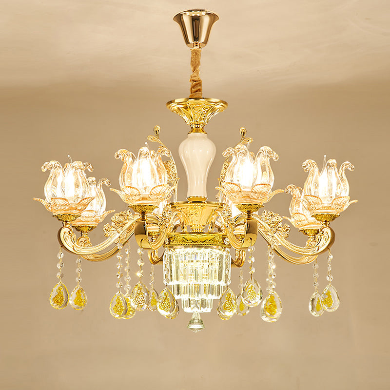 Carved Glass Lotus Shape Hanging Lamp Traditional Bedroom Chandelier with Crystal Accents in Gold