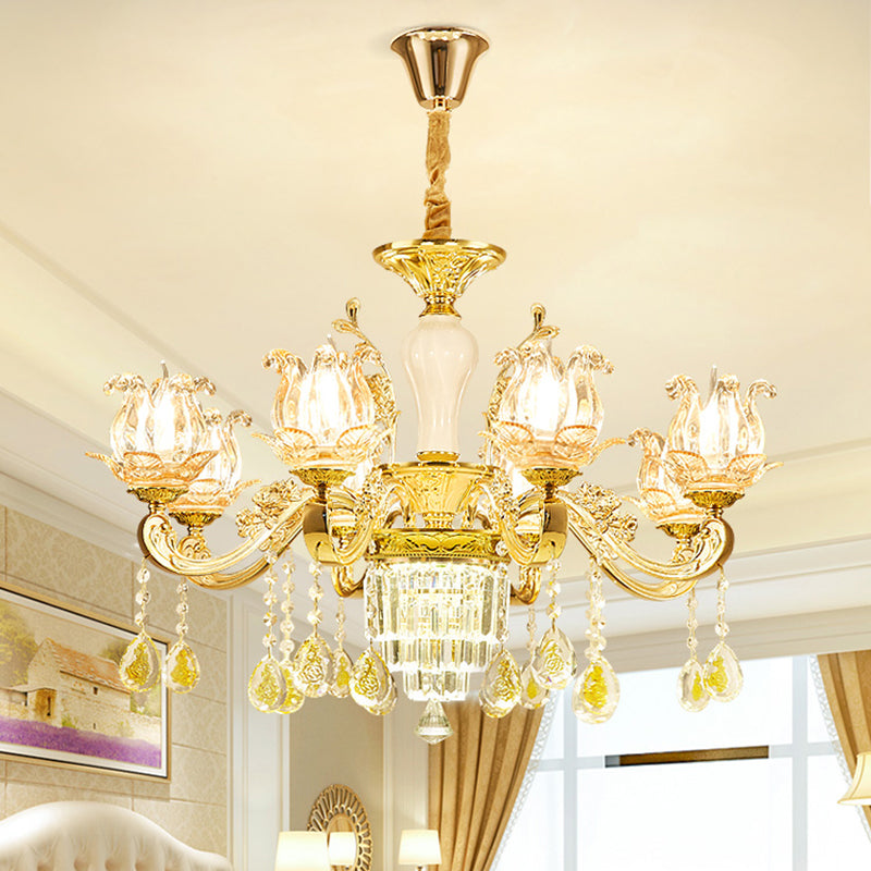Carved Glass Lotus Shape Hanging Lamp Traditional Bedroom Chandelier with Crystal Accents in Gold