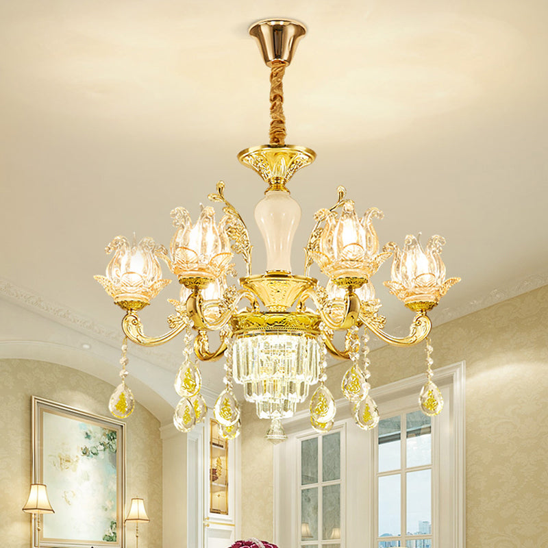 Carved Glass Lotus Shape Hanging Lamp Traditional Bedroom Chandelier with Crystal Accents in Gold