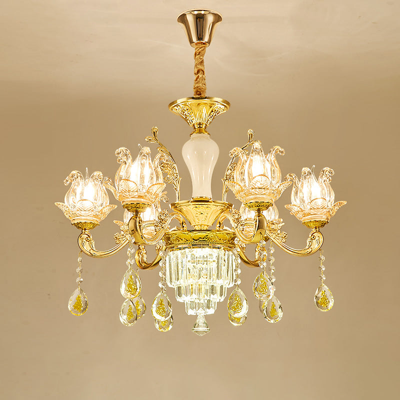 Carved Glass Lotus Shape Hanging Lamp Traditional Bedroom Chandelier with Crystal Accents in Gold