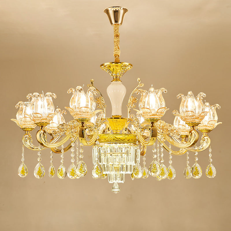 Carved Glass Lotus Shape Hanging Lamp Traditional Bedroom Chandelier with Crystal Accents in Gold