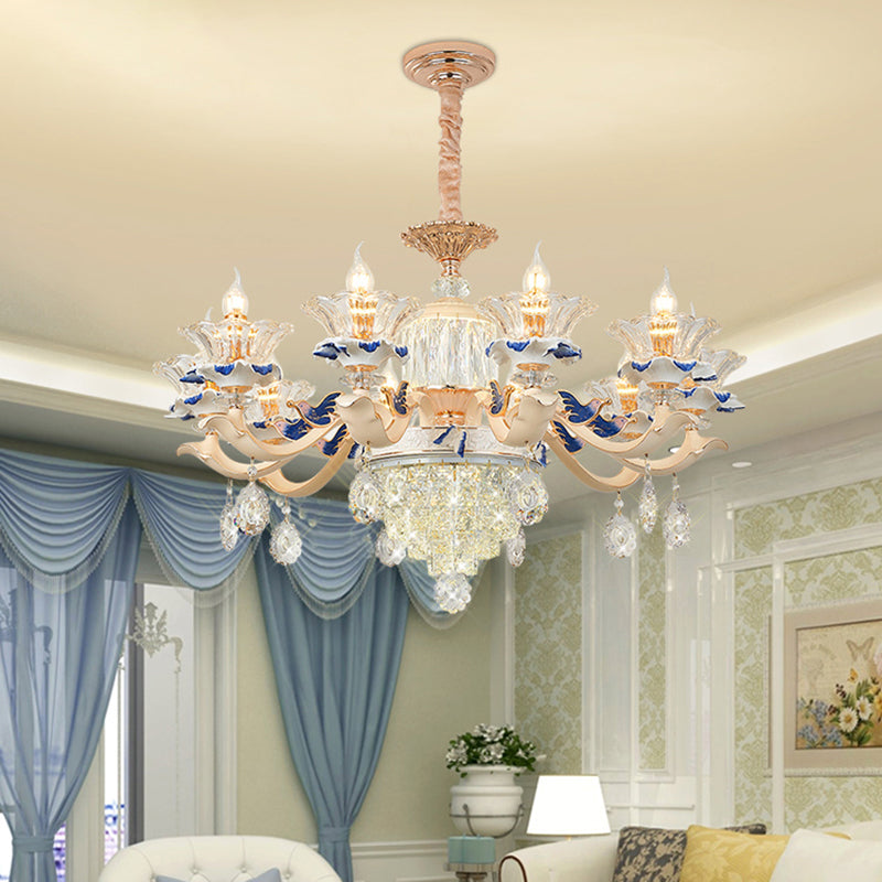 Clear K9 Crystal Flower Chandelier Traditional Dining Room Hanging Ceiling Light with Ceramic Decor