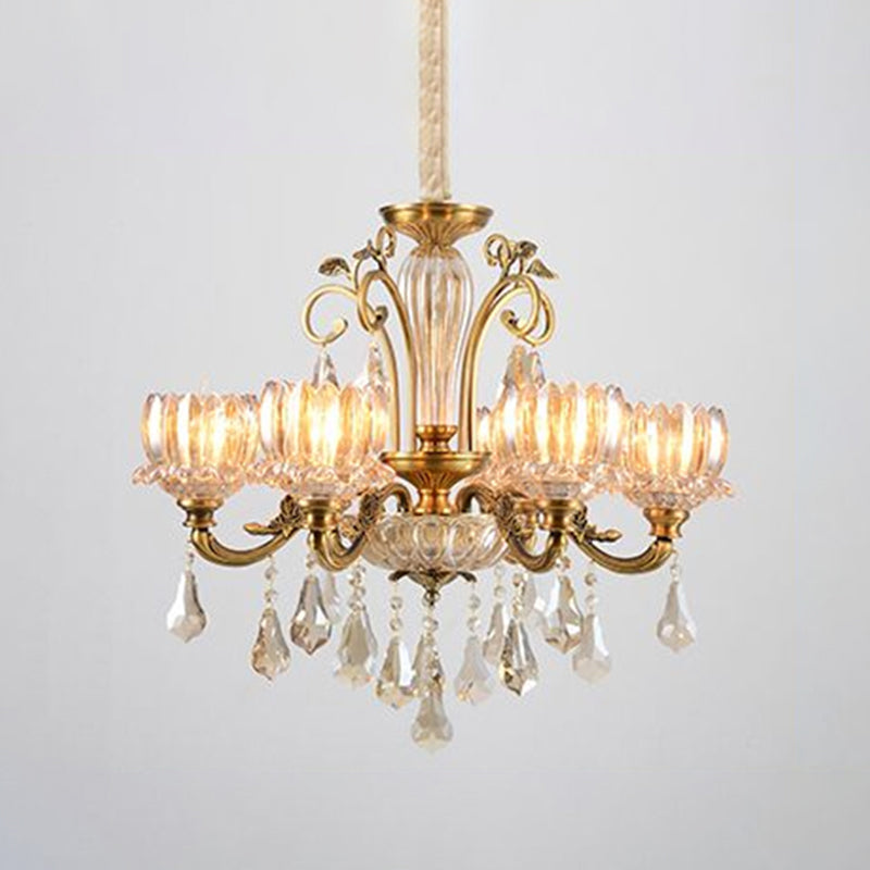 Carved Crystal Hanging Light Antique Gold Finish Lotus Dining Room Ceiling Chandelier